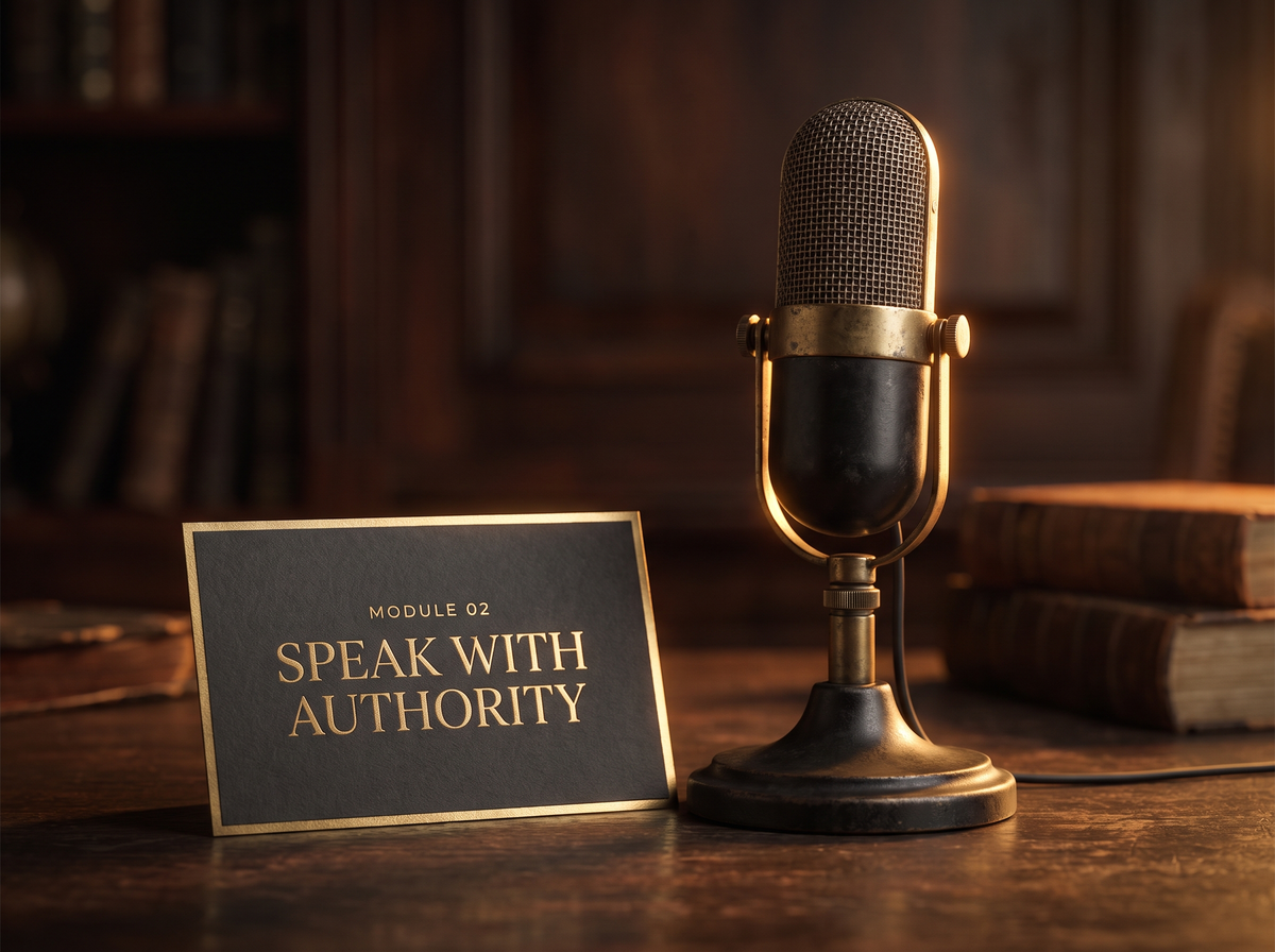 Module 2 mockup: studio microphone beside the chapter card