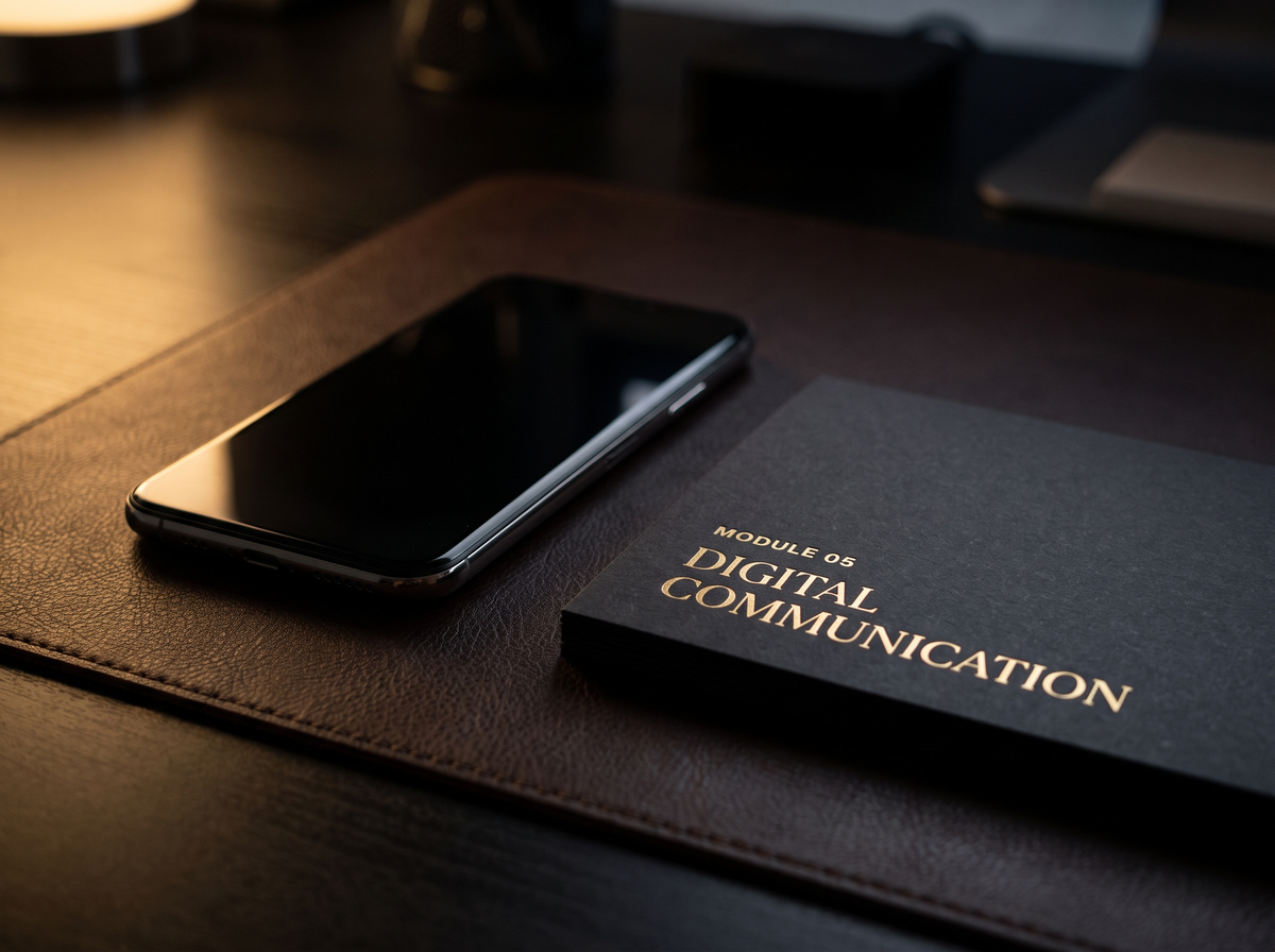 Module 5 mockup: smartphone with gold edge light and the chapter card