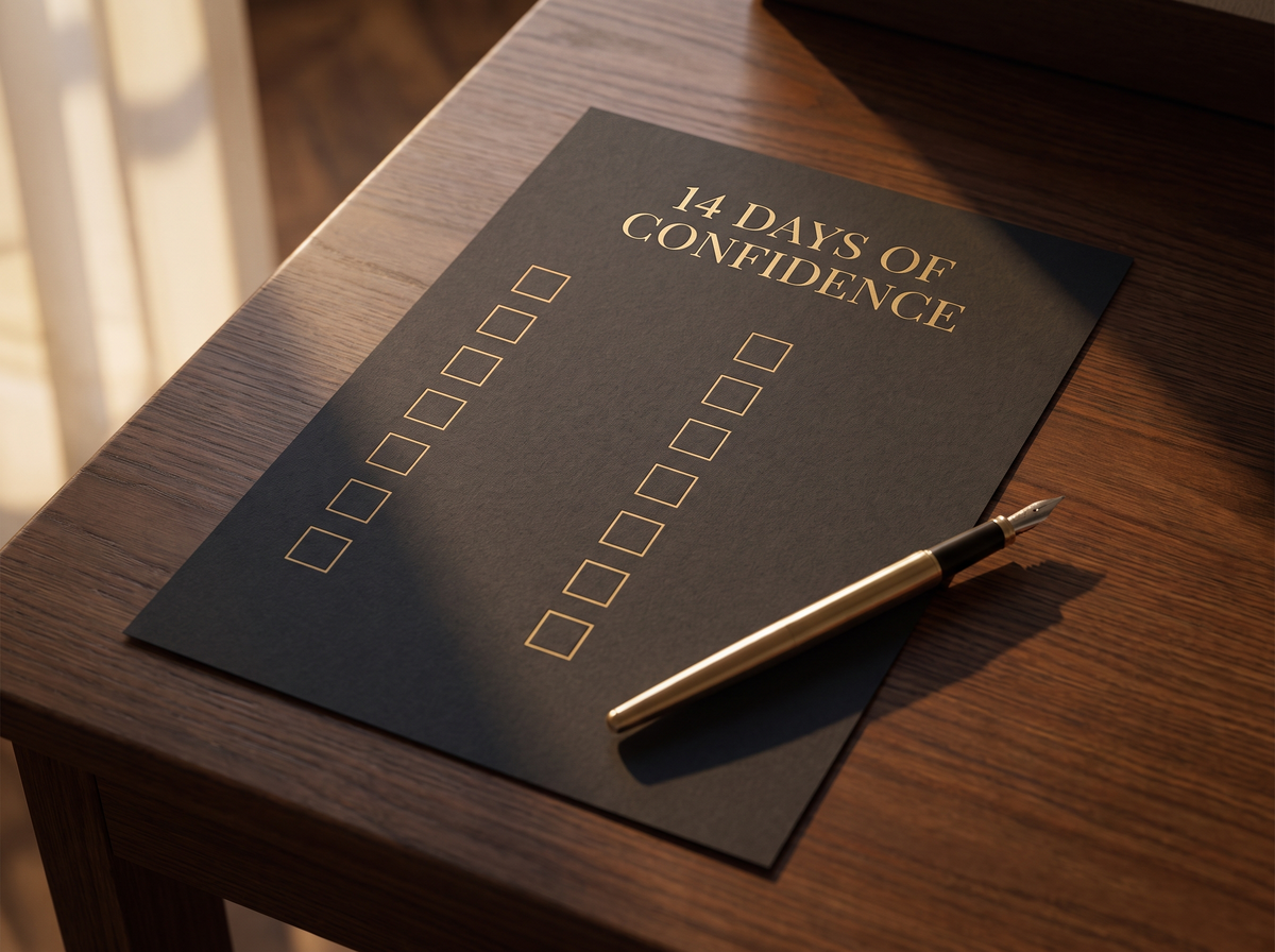 14 Days of Confidence planner sheet with a gold pen