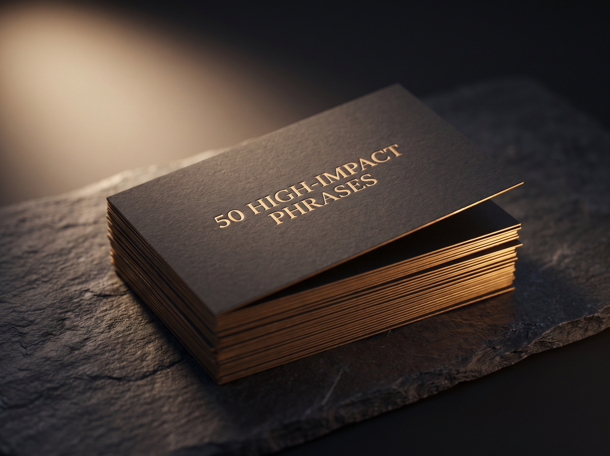 Stack of dark cards with gold edges titled 50 High-Impact Phrases