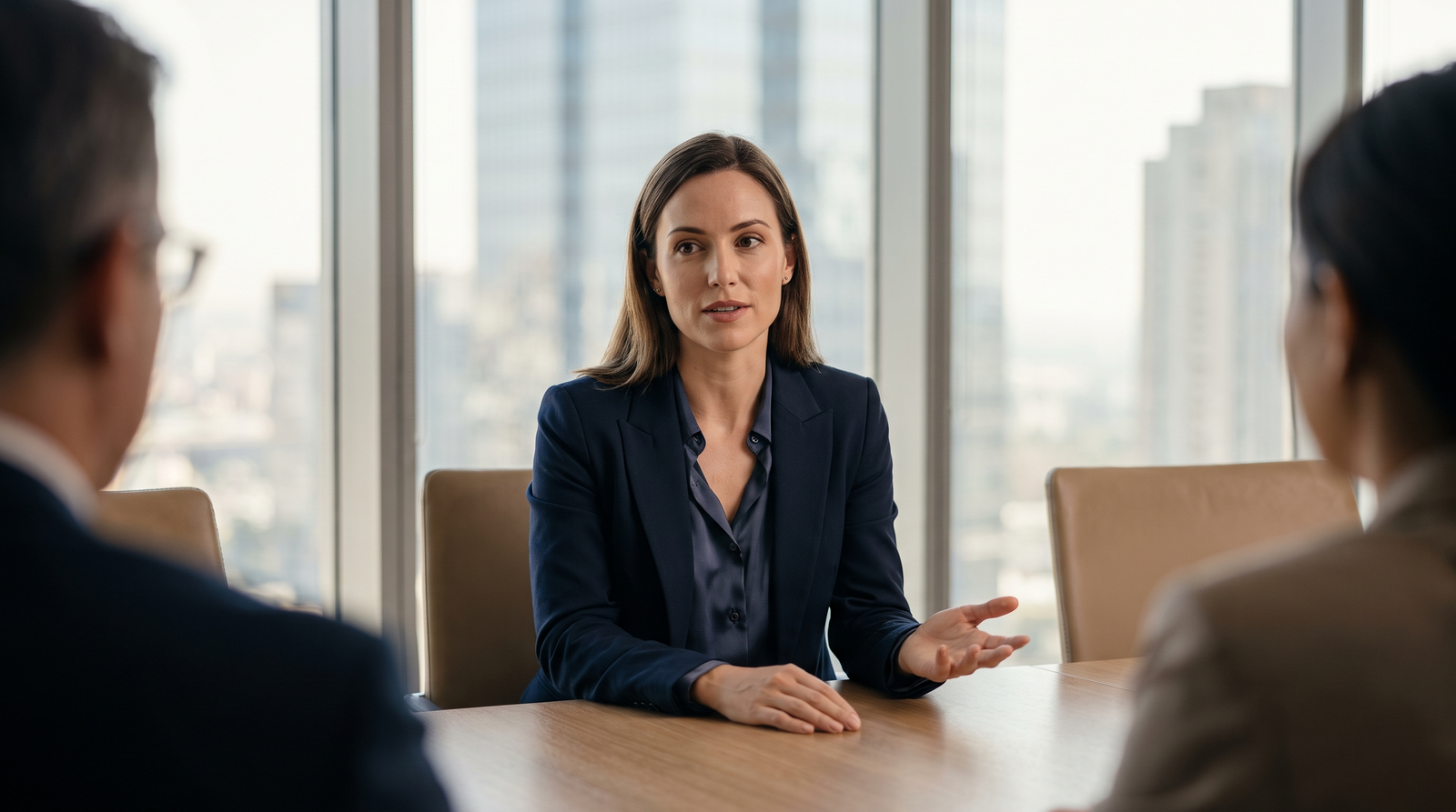 Confident professional speaking calmly during a job interview