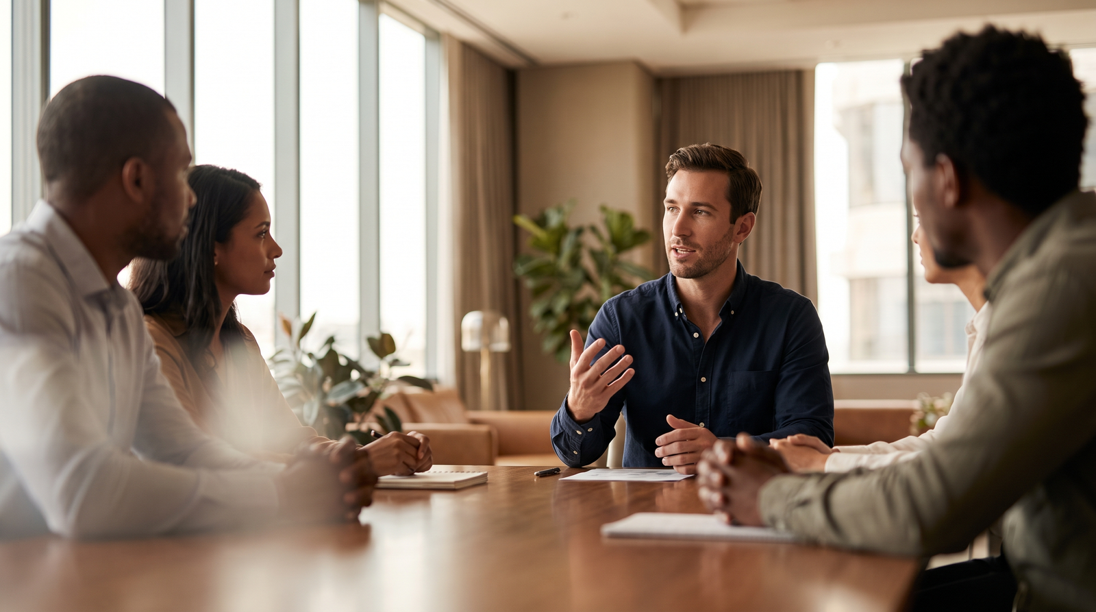 Professional speaking calmly in a meeting while colleagues listen attentively