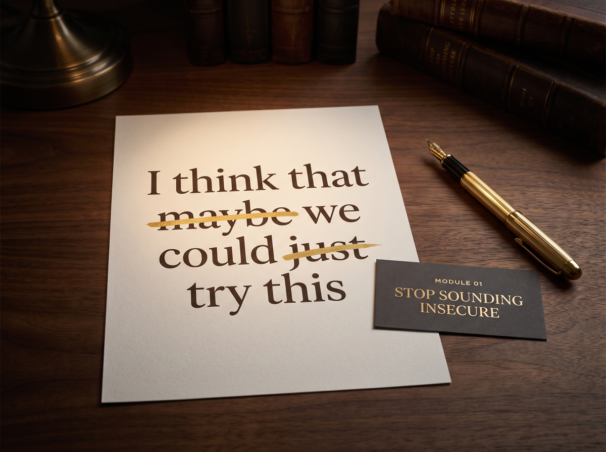 Module 1 mockup: weak words struck through in gold ink
