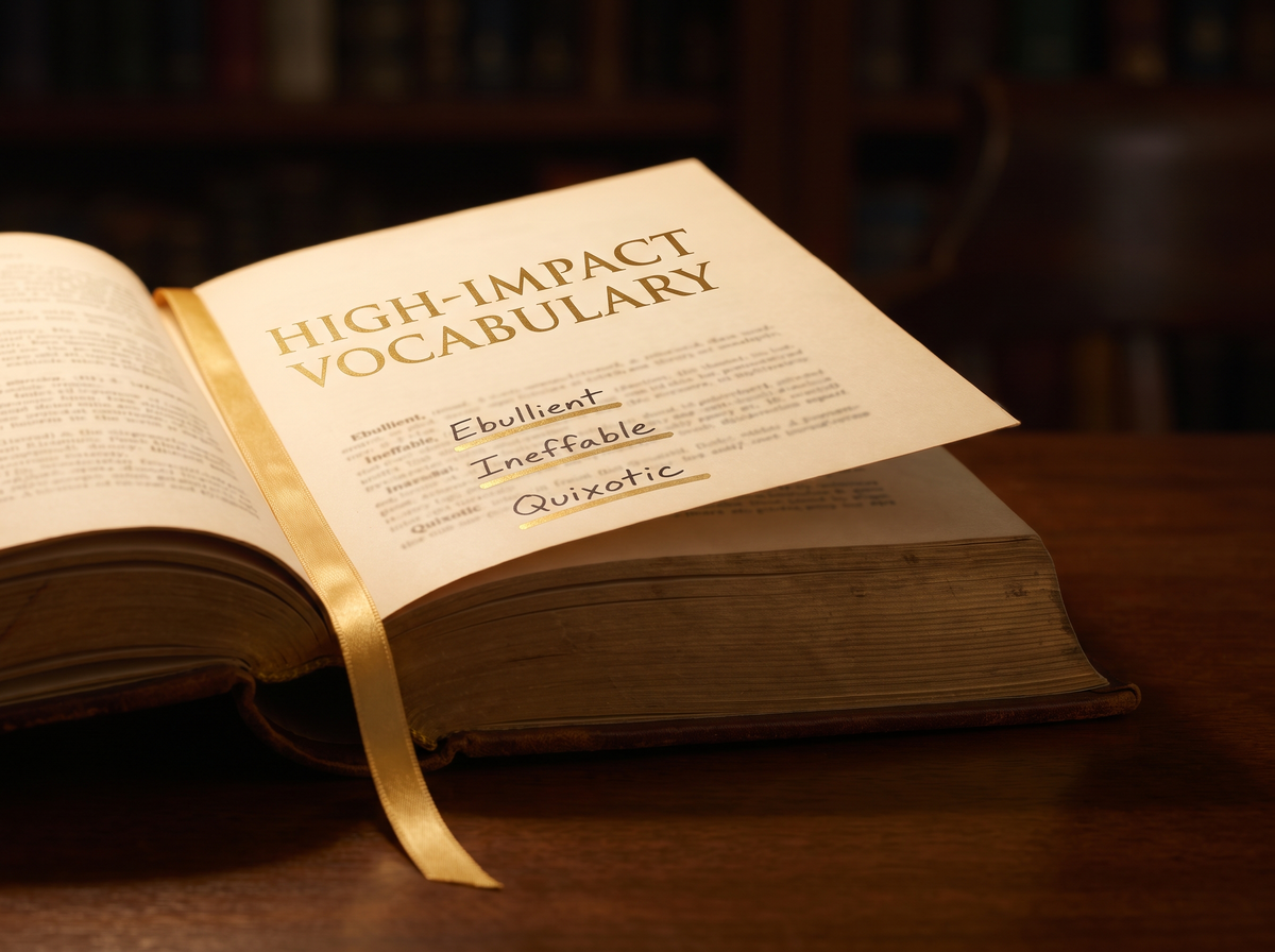 Module 3 mockup: open book with gold-highlighted vocabulary